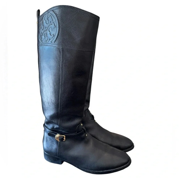 Tory Burch Marlene Black Leather Riding Boots - Picture 1 of 14
